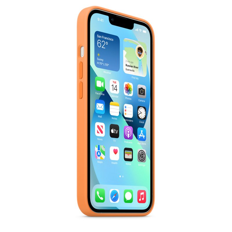 Apple silikónový obal pre iPhone 13 – nechtíkovo oranžový s MagSafe 2